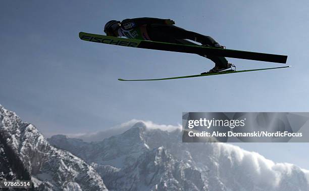 Gregor Schlierenzauer of Austria soars through the air during the individual event of the Ski jumping World Championships on March 19, 2010 in...