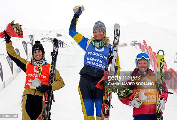France's Ophelie David Sweden's Anna Holmlund and Norway's Marte Hoeie Gjefsen pose on the podium after the women's Freestyle Ski Cross World Cup at...