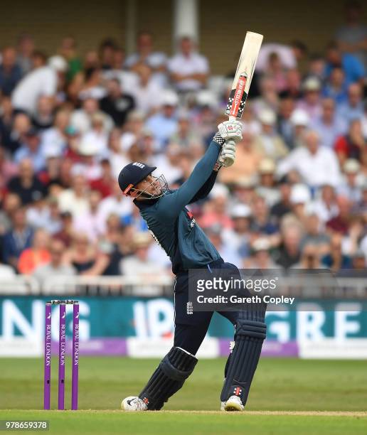 Alex Hales of England bats during the 3rd Royal London ODI match between England and Australia at Trent Bridge on June 19, 2018 in Nottingham,...