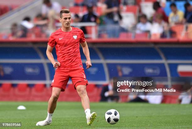 Arkadiusz Milik during warm up before the 2018 FIFA World Cup Russia group H match between Poland and Senegal at Spartak Stadium on June 19, 2018 in...