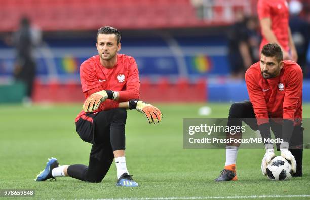 Lukasz Fabianski and Bartosz Bialkowski of Poland during warm up before the 2018 FIFA World Cup Russia group H match between Poland and Senegal at...