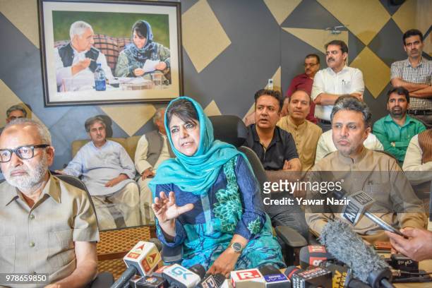 Mehbooba Mufti, patron of the People's Democratic Party , and her cabinet addresses media persons after the ruling Bharatiya Janata Party ended its...