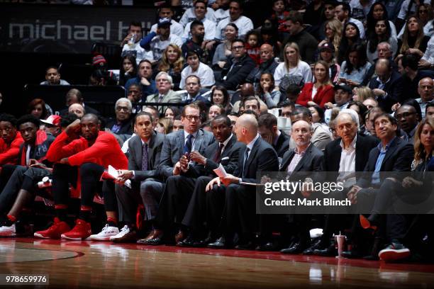 Nick Nurse and Dwayne Casey of the Toronto Raptors look on during a game against the Washington Wizards in Game Two of Round One of the 2018 NBA...