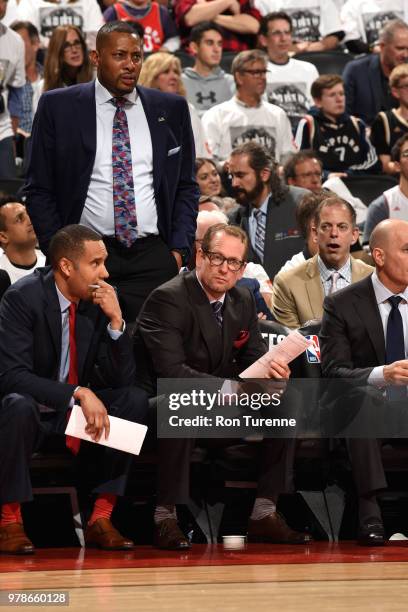 Nick Nurse of the Toronto Raptors looks on during the game against the Washington Wizards in Game One of Round One of the 2018 NBA Playoffs on April...