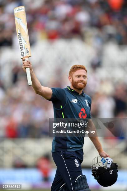 Jonathan Bairstow of England saltues the crowd as he leaves the field after making 139 runs during the 3rd Royal London ODI match between England and...