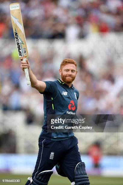 Jonathan Bairstow of England saltues the crowd as he leaves the field after making 139 runs during the 3rd Royal London ODI match between England and...