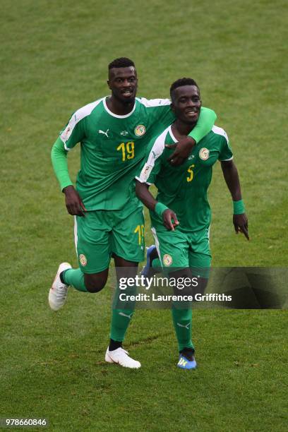 Idrissa Gana Gueye of Senegal celebrates the first Senegal goal with Mbaye Niang of Senegal during the 2018 FIFA World Cup Russia group H match...