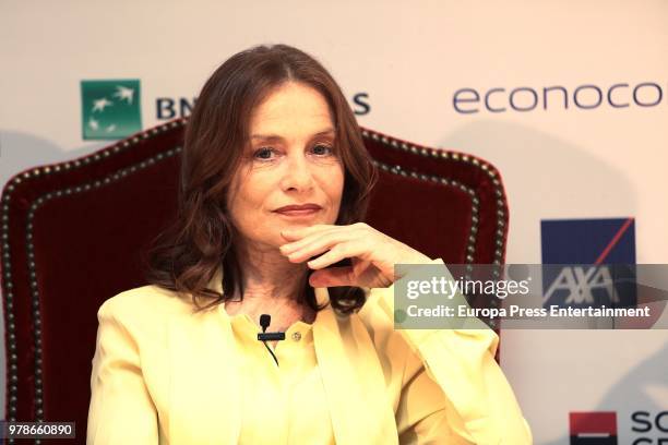 French actress Isabelle Huppert attends the press conference of the l Prix Dialogo 2018 For Spanish-French Friendship at French embassy on June 19,...