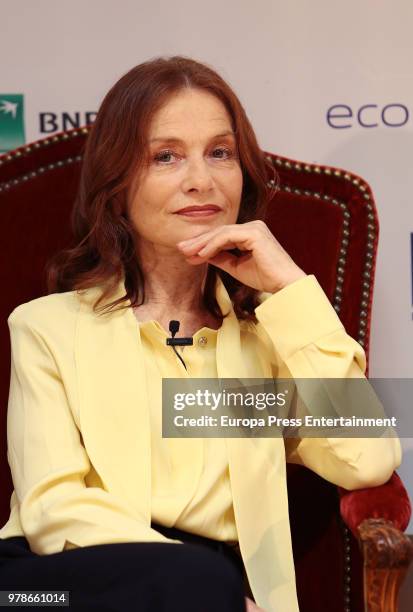 French actress Isabelle Huppert attends the press conference of the l Prix Dialogo 2018 For Spanish-French Friendship at French embassy on June 19,...