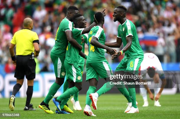 Idrissa Gana Gueye of Senegal celebrates the first Senegal goal with team mates of Senegal during the 2018 FIFA World Cup Russia group H match...