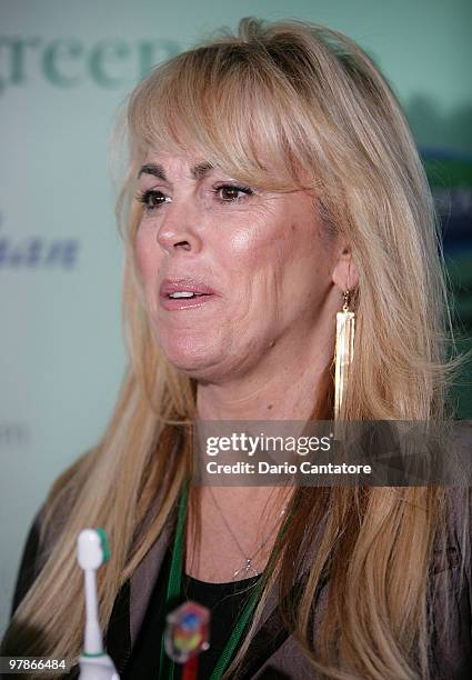 Dina Lohan introduces the "Aqua Freedom Green Lohan Toothbrush" at Pier 92 on March 19, 2010 in New York City.