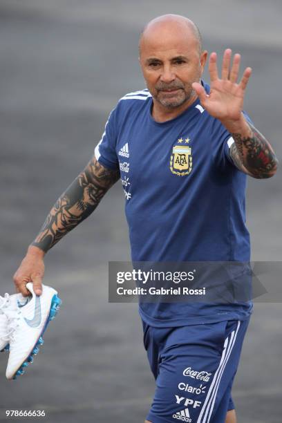 Jorge Sampaoli coach of Argentina arrives prior a training session at Stadium of Syroyezhkin sports school on June 19, 2018 in Bronnitsy, Russia.