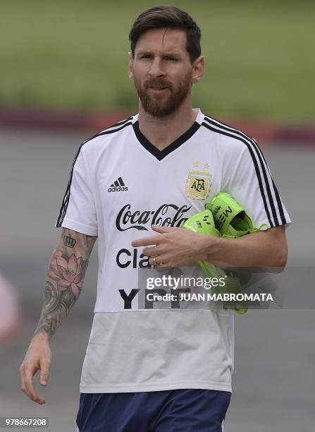 Argentina's forward Lionel Messi attends a training session at the team's base camp in Bronnitsy, near Moscow, on June 19, 2018 ahead of their Russia...