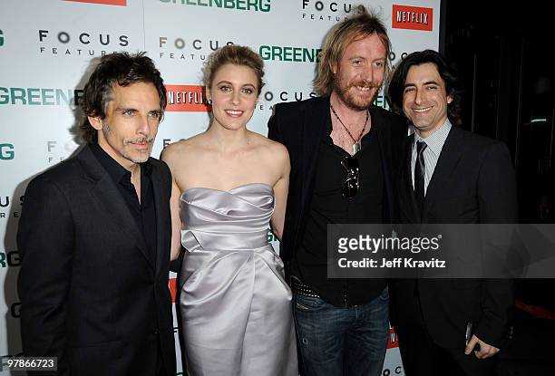 Actors Ben Stiller, Greta Gerwig, Rhys Ifans and writer/director Noah Baumbach arrive at the premiere of "Greenberg" presented by Focus Features at...