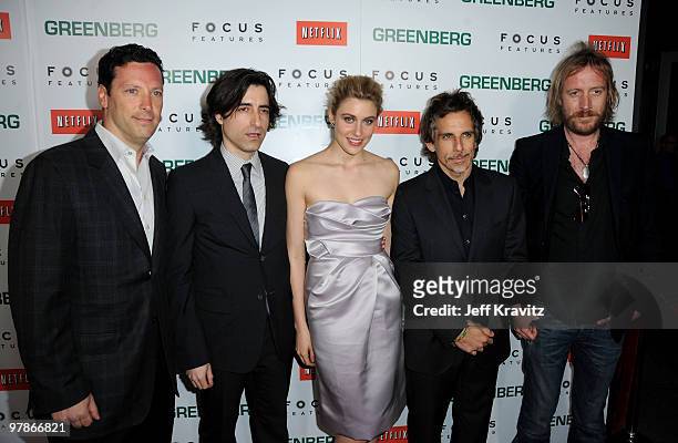 Focus Features' Andrew Karpen, writer/director Noah Baumbach, actors Greta Gerwig, Ben Stiller and Rhys Ifans arrive at the premiere of "Greenberg"...