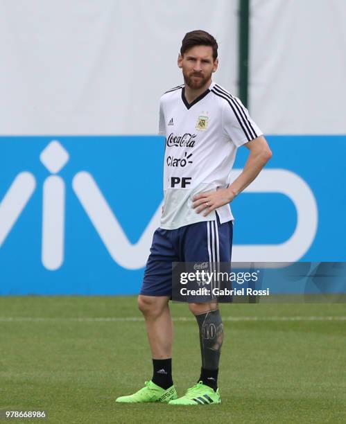 Lionel Messi of Argentina looks on during a training session at Stadium of Syroyezhkin sports school on June 19, 2018 in Bronnitsy, Russia.