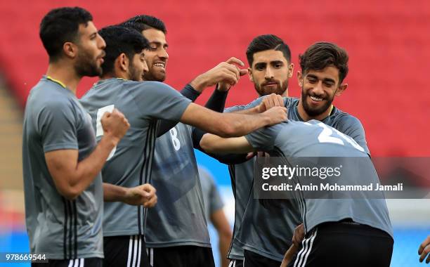 Iranian players in action during a training session before the group B match between Iran and Spain FIFA World Cup Russia 2018 at Kazan Arena on June...