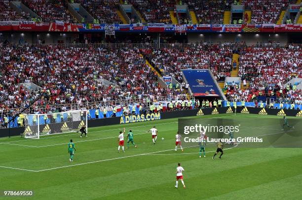 Thiago Cionek of Poland scores an own goal for Senegal's first goal past Wojciech Szczesny of Poland during the 2018 FIFA World Cup Russia group H...