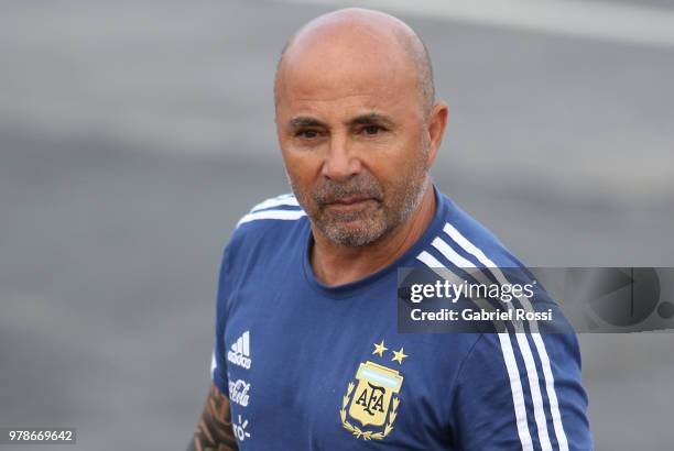 Jorge Sampaoli coach of Argentina arrives prior a training session at Stadium of Syroyezhkin sports school on June 19, 2018 in Bronnitsy, Russia.