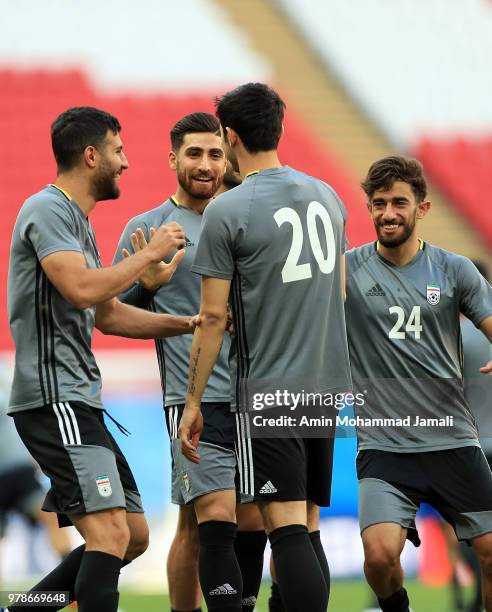 Iranian Players in action during a training session before the group B match between Iran and Spain FIFA World Cup Russia 2018 at Kazan Arena on June...