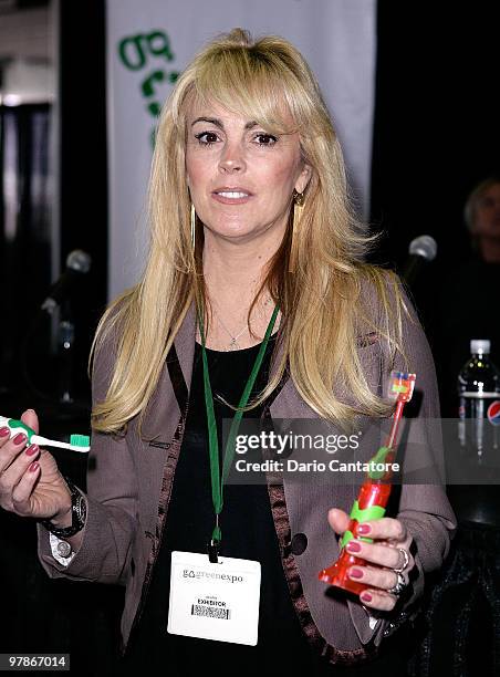 Dina Lohan introduces the "Aqua Freedom Green Lohan Toothbrush" at Pier 92 on March 19, 2010 in New York City.