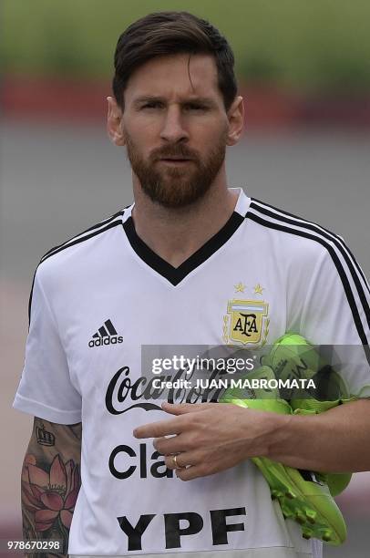 Argentina's forward Lionel Messi attends a training session at the team's base camp in Bronnitsy, near Moscow, on June 19, 2018 ahead of their Russia...