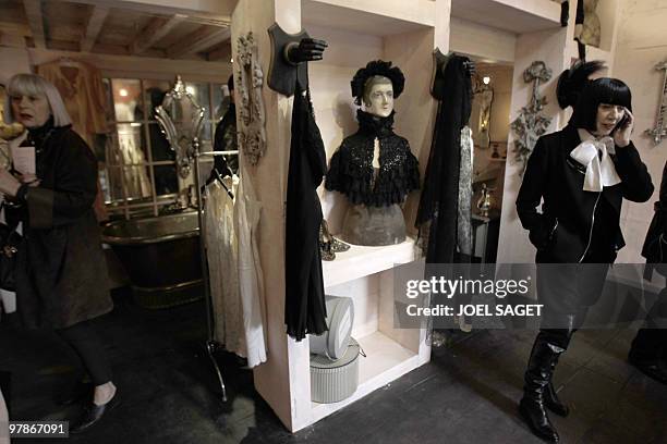 La reine de la lingerie Chantal Thomass, brocanteuse chic aux Puces de Saint-Ouen". French designer Chantal Thomass makes a phone call on March 19,...