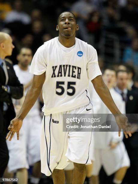 Jordan Crawford of the Xavier Musketeers reacts after making a three-pointer in the second half during the first round of the 2010 NCAA men's...