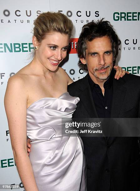 Actors Greta Gerwig and Ben Stiller arrive at the premiere of "Greenberg" presented by Focus Features at ArcLight Hollywood on March 18, 2010 in...