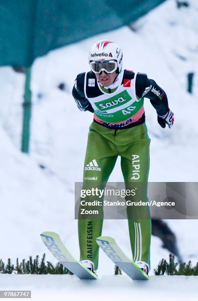 Simon Ammann of Switzerland jumps during the FIS Ski Flying World Championships, Day 1 HS215 on March 19, 2010 in Planica, Slovenia.