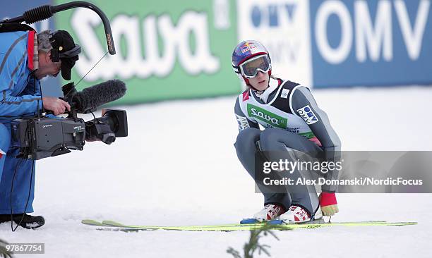 Gregor Schlierenzauer of Austria reacts after the final jump during the individual event of the Ski jumping World Championships on March 19, 2010 in...