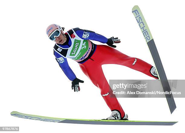 Martin Koch of Austria soars through the air during the individual event of the Ski jumping World Championships on March 19, 2010 in Planica,...