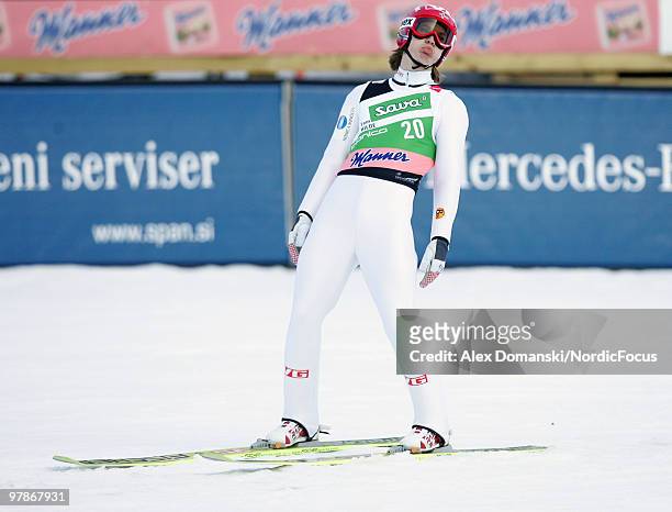 Tom Hilde of Norway reacts after the final jump during the individual event of the Ski jumping World Championships on March 19, 2010 in Planica,...