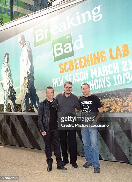 Actor Aaron Paul, writer/producer/director Vince Gilligan, and actor Bryan Cranston appear for the "Breaking Bad" National RV Tour final stop at...