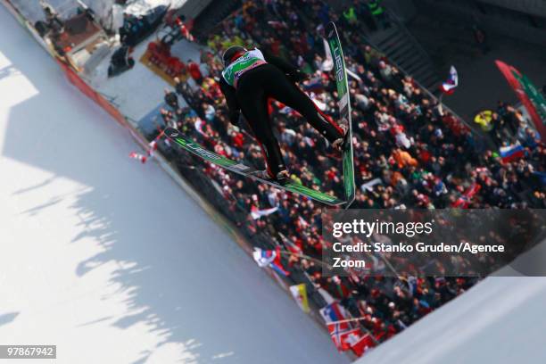 Robert Kranjec of Slovenia jumps during the FIS Ski Flying World Championships, Day 1 HS215 on March 19, 2010 in Planica, Slovenia.