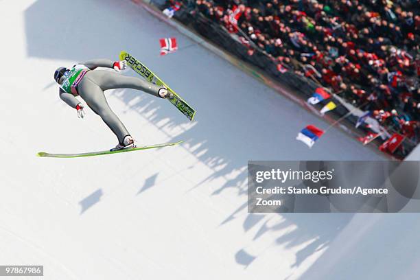 Gregor Schlierenzauer of Austria jumps during the FIS Ski Flying World Championships, Day 1 HS215 on March 19, 2010 in Planica, Slovenia.