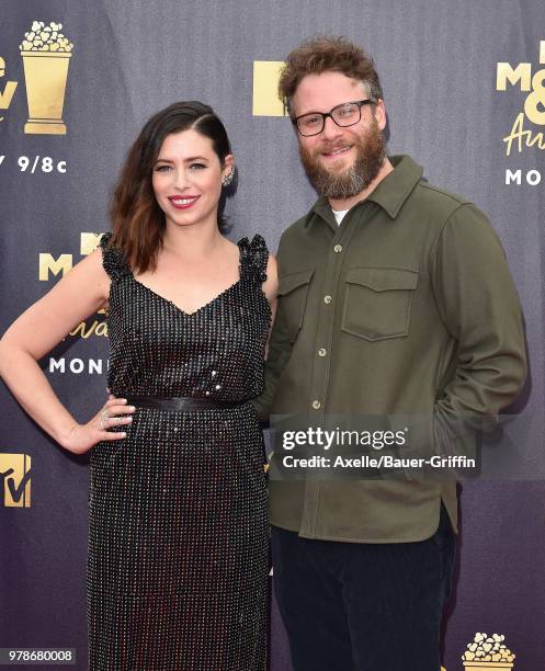 Actor Seth Rogen and Lauren Miller attend the 2018 MTV Movie And TV Awards at Barker Hangar on June 16, 2018 in Santa Monica, California.