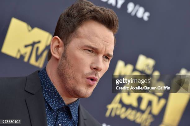 Actor Chris Pratt attends the 2018 MTV Movie And TV Awards at Barker Hangar on June 16, 2018 in Santa Monica, California.