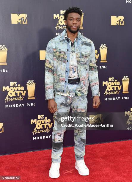 Actor Chadwick Boseman attends the 2018 MTV Movie And TV Awards at Barker Hangar on June 16, 2018 in Santa Monica, California.