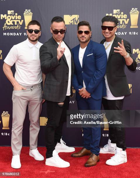 Personalities Vinny Guadagnino, Mike Sorrentino, Ronnie Ortiz-Magro and DJ Pauly D attend the 2018 MTV Movie And TV Awards at Barker Hangar on June...