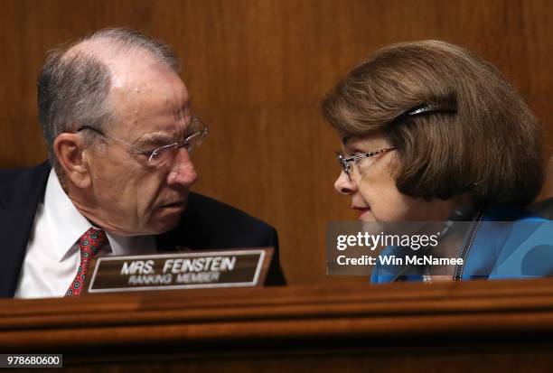 Committee Chairman Sen. Chuck Grassley confers with ranking member Sen. Dianne Feinstein during a Senate Judiciary Committee hearing featuring U.S....