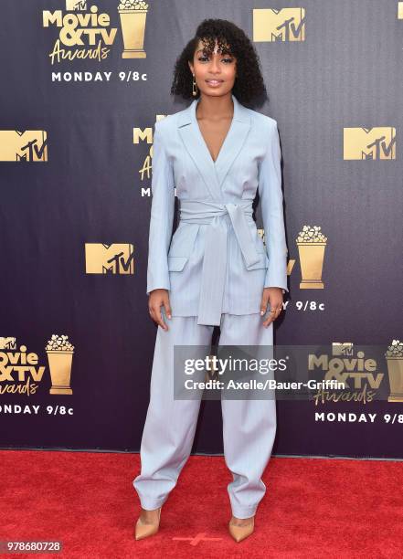 Actress Yara Shahidi attends the 2018 MTV Movie And TV Awards at Barker Hangar on June 16, 2018 in Santa Monica, California.