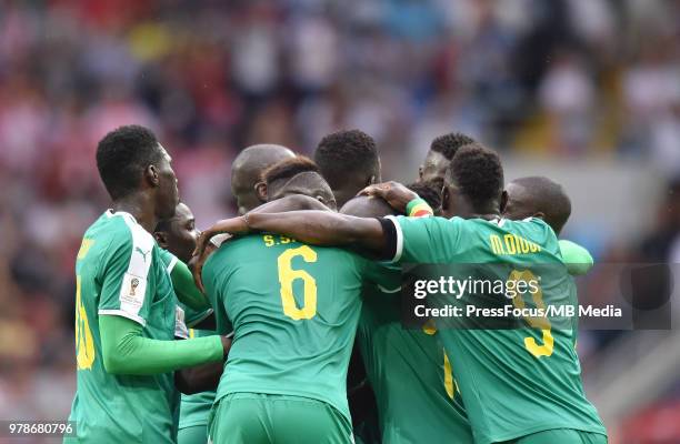 Salif Sane and Mame Diouf of Senegal celebrates scoring the goal with team mates during the 2018 FIFA World Cup Russia group H match between Poland...