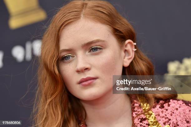 Actress Sadie Sink attends the 2018 MTV Movie And TV Awards at Barker Hangar on June 16, 2018 in Santa Monica, California.