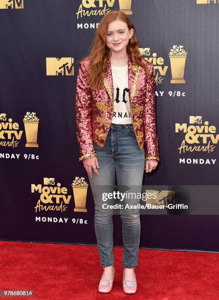 Actress Sadie Sink attends the 2018 MTV Movie And TV Awards at Barker Hangar on June 16, 2018 in Santa Monica, California.