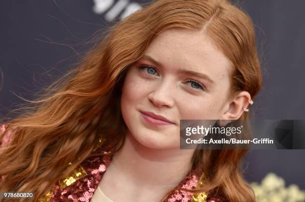 Actress Sadie Sink attends the 2018 MTV Movie And TV Awards at Barker Hangar on June 16, 2018 in Santa Monica, California.