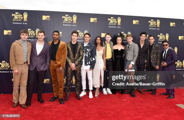 Cast of '13 Reasons Why' attends the 2018 MTV Movie And TV Awards at Barker Hangar on June 16, 2018 in Santa Monica, California.