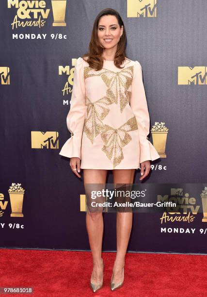 Actress Aubrey Plaza attends the 2018 MTV Movie And TV Awards at Barker Hangar on June 16, 2018 in Santa Monica, California.