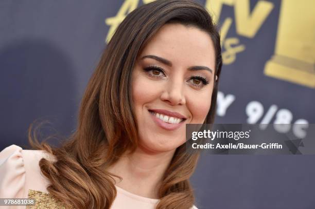 Actress Aubrey Plaza attends the 2018 MTV Movie And TV Awards at Barker Hangar on June 16, 2018 in Santa Monica, California.