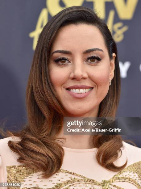 Actress Aubrey Plaza attends the 2018 MTV Movie And TV Awards at Barker Hangar on June 16, 2018 in Santa Monica, California.